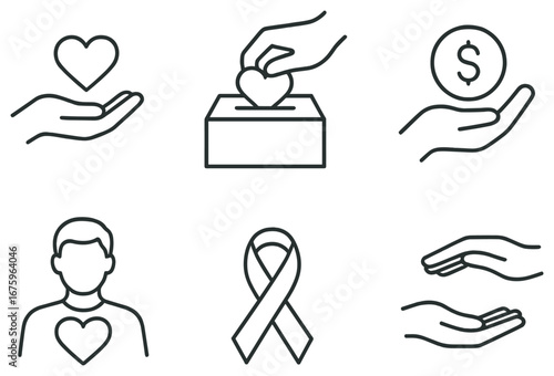 Charity and donation linear icon set. featuring heart, donation box, money, person, ribbon, and helping hands symbols