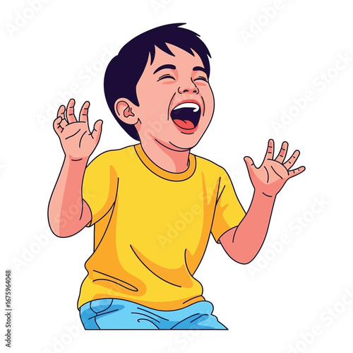 Joyful Child's Laughter: Witness the unrestrained delight of a young child as he bursts into peals of laughter, hands raised in joyful abandon, his eyes crinkling with pure happiness. 