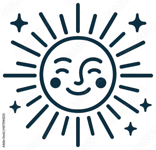 Vintage sun linear icon set. featuring smiling sun with rays and stars symbols