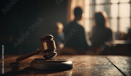 Gavel on table, family in background