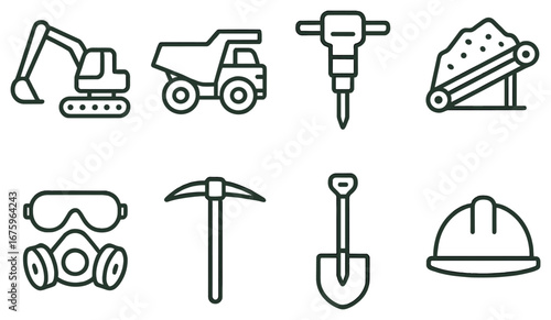Construction tools linear icon set. featuring excavator, dump truck, jackhammer, conveyor, goggles, pickaxe, shovel, hard hat