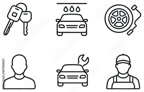 Automotive maintenance linear icon set. featuring car keys, wash, tire, mechanic, and repair symbols