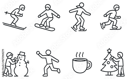 Winter activities linear icon set. featuring skiing, snowboarding, ice skating, snowman, hot drink, tree