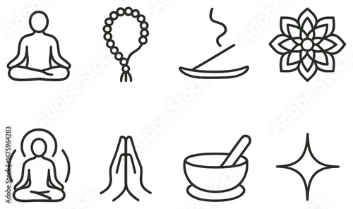 Meditation linear icon set. featuring yoga, mala beads, incense, mandala, buddha, prayer, singing bowl, sparkle