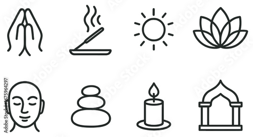 Meditation and relaxation linear icon set. featuring prayer, incense, sun, lotus, calm, balance, candle, sanctuary