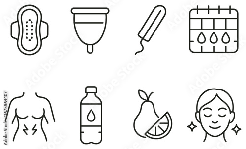 Menstruation and self-care linear icon set. featuring pad, cup, tampon, calendar, pain, water, fruit, face
