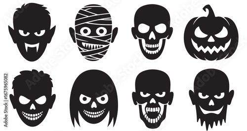 A collection of halloween themed silhouettes including a vampire mummy skull and pumpkin icons