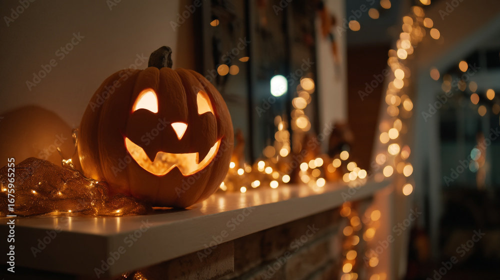 Fototapeta premium A glowing jack o lantern on a mantelpiece surrounded by string lights creating a festive atmosphere