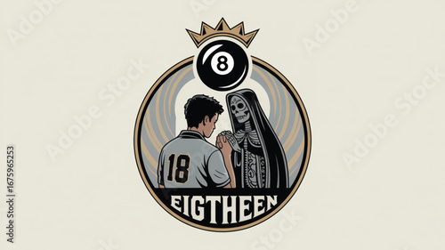 A young man in a white shirt marked “18” faces the Grim Reaper, their hands joined in eerie unity. Above them, a crowned 8-ball hovers—symbolizing fate, mortality, and the gamble of coming of age.