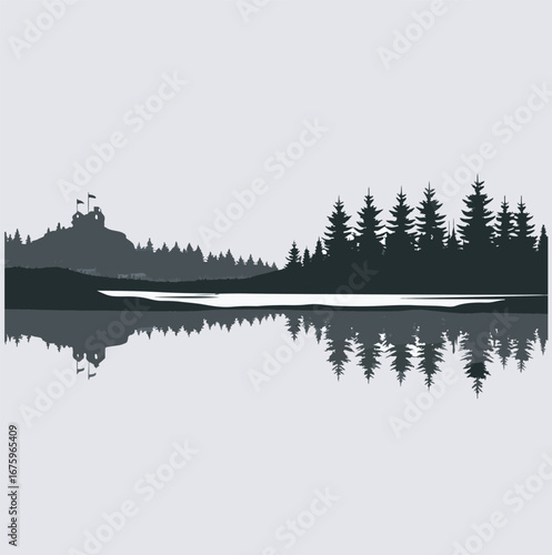 a castle on a hilltop with flags silhouette vector art illustration