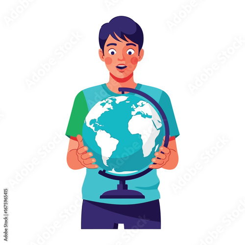 Curious gaze at globe: A young individual examines a globe with a look of amazement and wonder, perhaps envisioning global exploration and a wider world. 