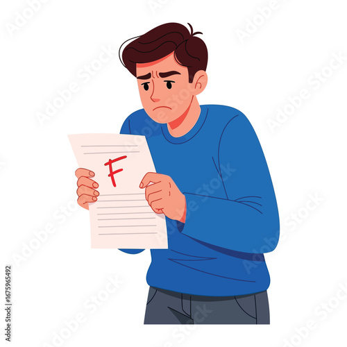 Disappointed Student: A young man, with a mix of anxiety and disappointment etched across his face, stares at the stark 'F' grade displayed on his test paper, symbolizing educational setback.