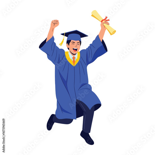 Triumphant Graduate: A young graduate celebrates the culmination of years of study, leaping with joy while clutching their diploma. Capturing academic triumph and excitement.