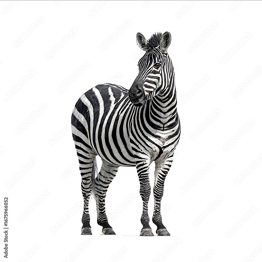 Fototapeta premium A zebra standing on a white background an isolated photograph of a zebra with a clipping path a highquality photorealistic image a fullbody shot with no shad