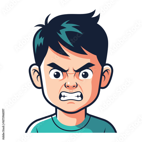 Furious Expression: A stylized illustration captures a child's face contorted in anger, teeth bared, with furrowed eyebrows, emanating intense frustration