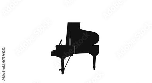Silhouette of a grand piano with its lid open.