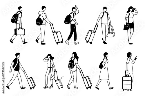 Diverse group of people traveling with luggage and bags, showcasing various styles of movement and attire, captured in a minimalist line art illustration for a travel or lifestyle theme