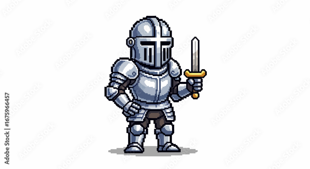 Fototapeta premium Animated illustration of a knight in shining armor, holding a sword and shield ready for battle