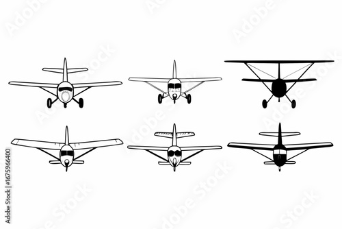 Set of six single-engine light aircraft illustrations viewed from the front. Black and white line art collection of various propeller planes for aviation concepts
