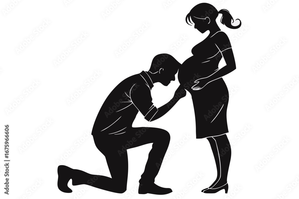Fototapeta premium Silhouette illustration of a loving husband kneeling to kiss his pregnant wife's belly, symbolizing family love and the anticipation of a new baby
