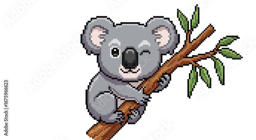 Adorable cartoon koala winking and holding onto a tree branch with green leaves