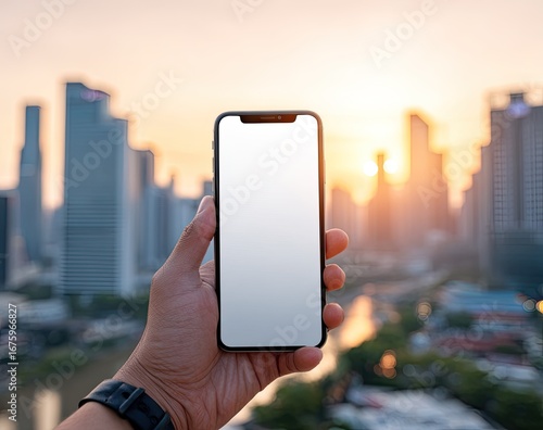 Smartphone held aloft, cityscape at sunrise