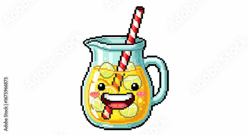 Cartoon Lemonade Pitcher Character with Straw on White Background