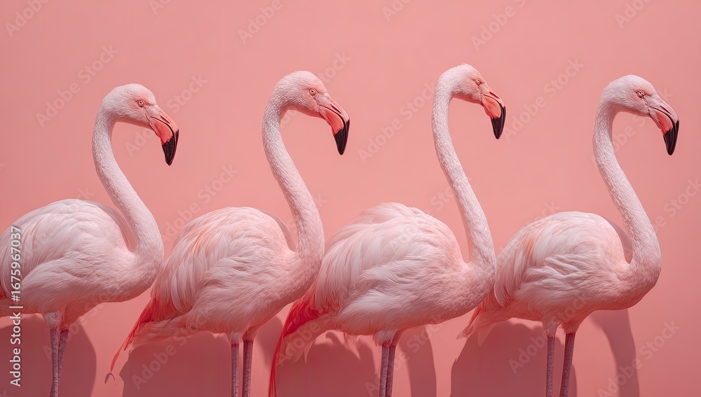 Naklejka premium Four pink flamingos against a pink background