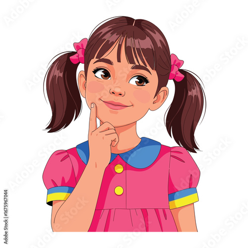 Curious Girl: A young girl ponders, a twinkle in her eye, her gaze distant as she contemplates. She appears in a sweet, animated style, her imagination as vivid as the colours that adorn her.