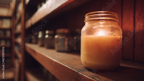 A light-filled glass jar, filled with a warm, amber liquid, rests on a wooden shelf amidst a dimly lit, organized collection of jars.