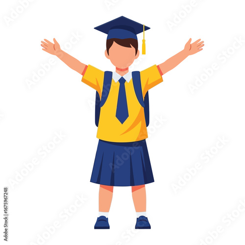 Graduation Day: A joyful student stands confidently, embracing the future with open arms, adorned in a cap and gown symbolizing academic achievement and the dawn of new adventures.