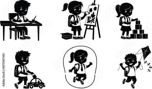 Black and white children activity illustrations, school kids learning, playing, drawing, painting, stacking blocks, jumping rope, flying kite, educational art, vector