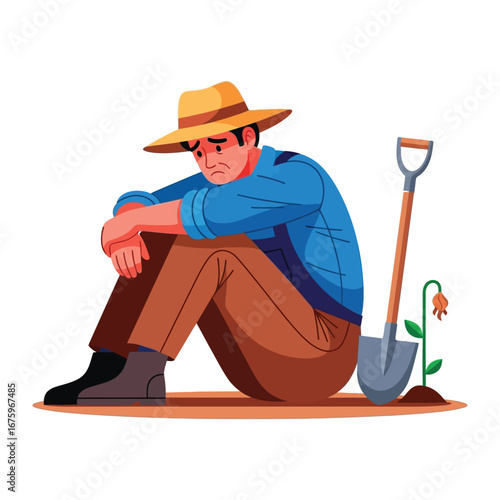 Weary Gardener's Downturn: The weight of struggle is shown through a dejected gardener who sits dejectedly beside a withered flower and a grounded shovel. A visual metaphor