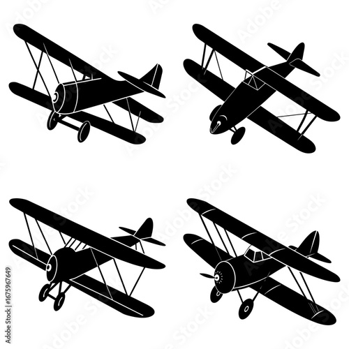 Four vintage biplanes in silhouette arranged on a white background in a repeating pattern design style