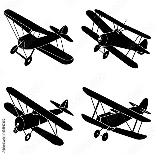 Collection of four black and white silhouette drawings of vintage style biplane airplanes in various positions