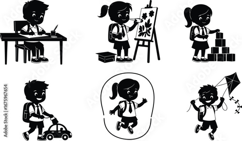 Black and white children activity illustrations, school kids learning, playing, drawing, painting, stacking blocks, jumping rope, flying kite, educational vector art