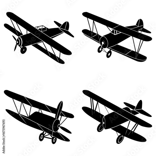 Collection of four vintage biplane aircrafts in black silhouette against a white background view from angles