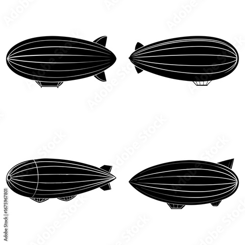 Four black and white illustrations of vintage airships in various perspectives on a white background