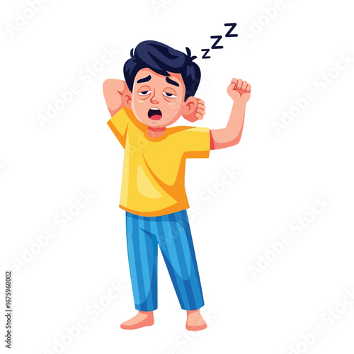 Yawning Boy: An illustration of a sleepy boy yawning with closed eyes and stretching his arm, representing the common experience of morning drowsiness.