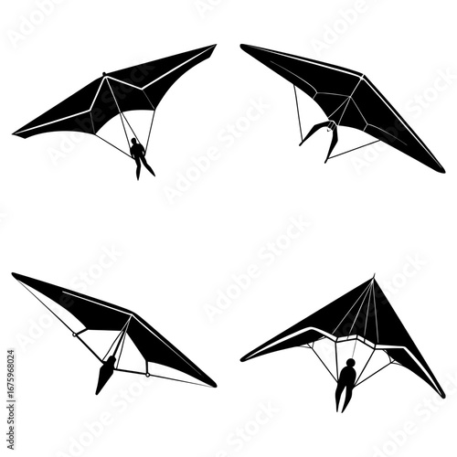 Four black hang gliders with pilots soaring in different directions against a white background illustration