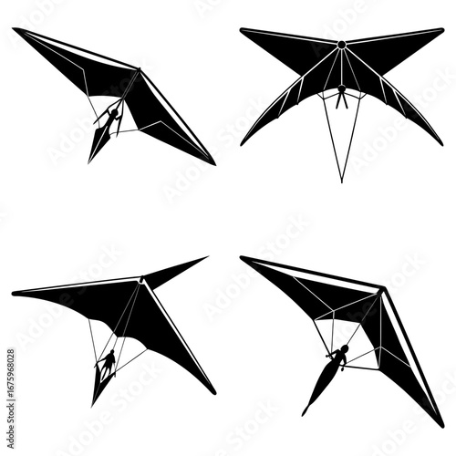 Four hang glider silhouettes in various flight positions against a white background illustration design