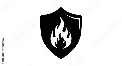 Black Shield with Fiery Flame Icon Graphic.