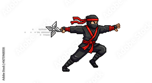 Dynamic pixel art illustration of a ninja in a black gi and red headband, expertly throwing a shuriken. This retro graphic captures classic martial arts action and vintage gaming aesthetics
