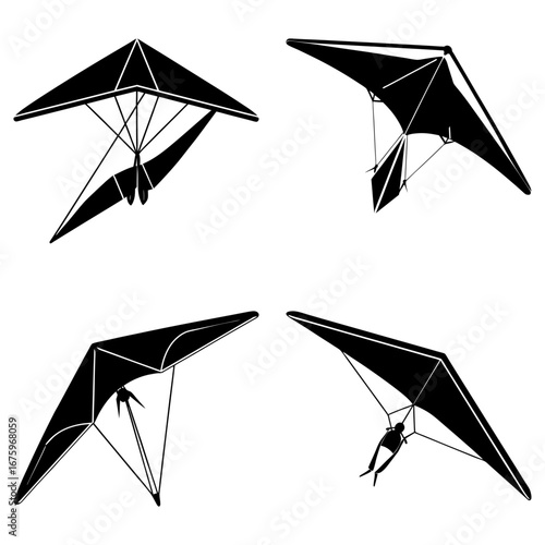 Four hang gliders in various positions against a white background showing the sport of hang gliding