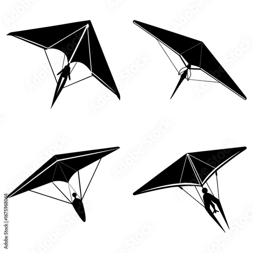 Four hang gliders in silhouette against a white background showcasing air sports and recreational activities