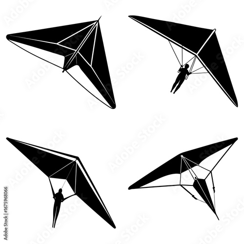 Four hang gliders in various positions showcasing the thrill of soaring through the sky with the wind