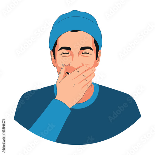 Joyful Cover-up: A cheerful individual, radiating happiness with a chuckle while concealing their mirth, set against a clean backdrop.