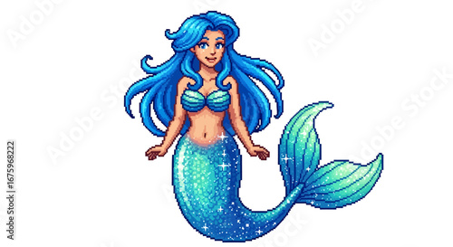 Beautiful pixel art mermaid with sparkling blue hair and a shimmering green tail, a fantasy sea creature character design on a white background