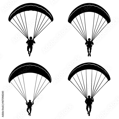 Four black and white silhouettes of skydivers with parachutes descending from the sky in formation