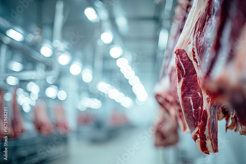 Fresh meat hanging in a processing plant